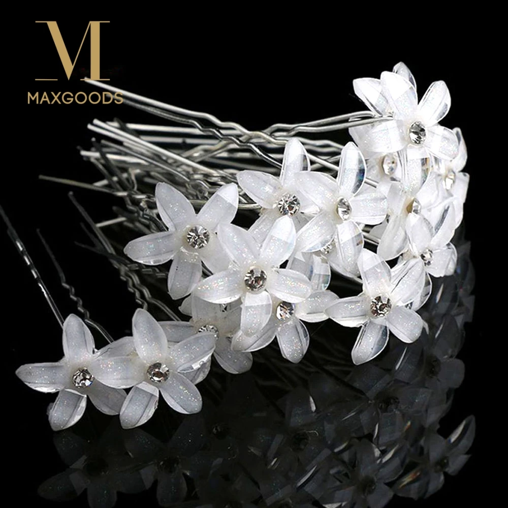 20pcs/set White Flowers Hairpin Stick Wedding Women Bridal Crystal Flowers Hairpin U Shaped Hair Clip Hair Accessories Wholesale