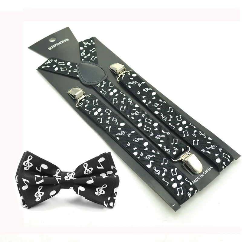 Frauen Männer Unisex Musik Note Hemd Hosenträger Fliege Set Y-Form Hosenträger Schmetterling Bowtie Hosenträger Für Hosen Hosen halter