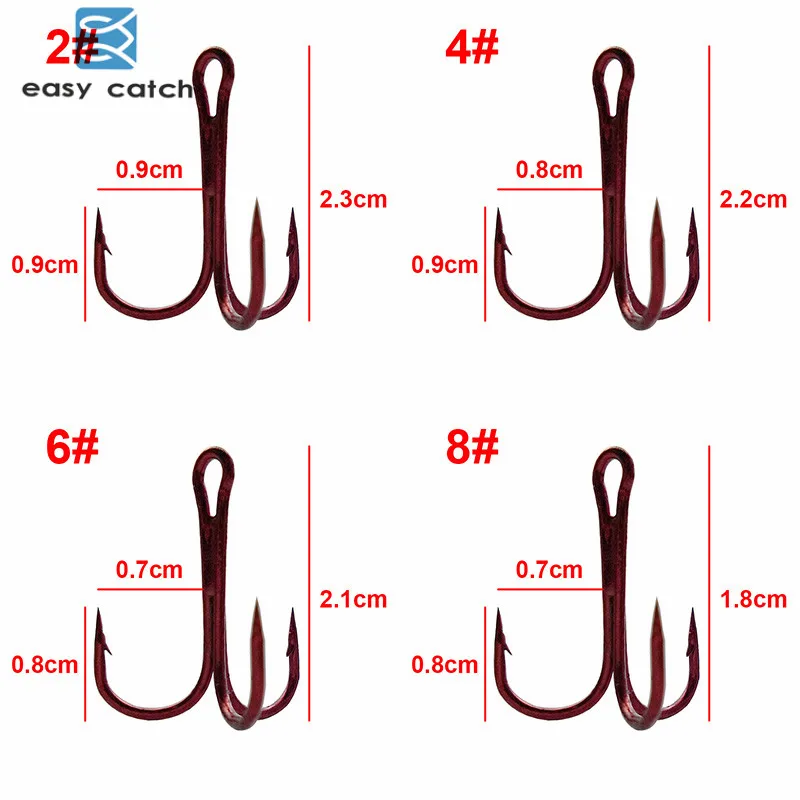 Easy Catch 200pcs 35647 High Carbon Steel Treble Fishing Hooks Red Small Wide Gap Triple Hard Lure Spoon Fishhooks