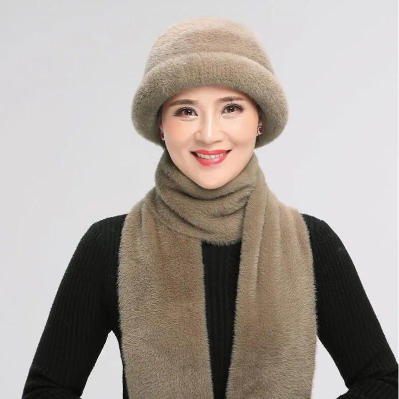 Women Middle Age Hat Winter Lady Pure Color Fashion Scarf Grandmother Mother Birthday Present Elegant Warm Scarves Cap Set H7132