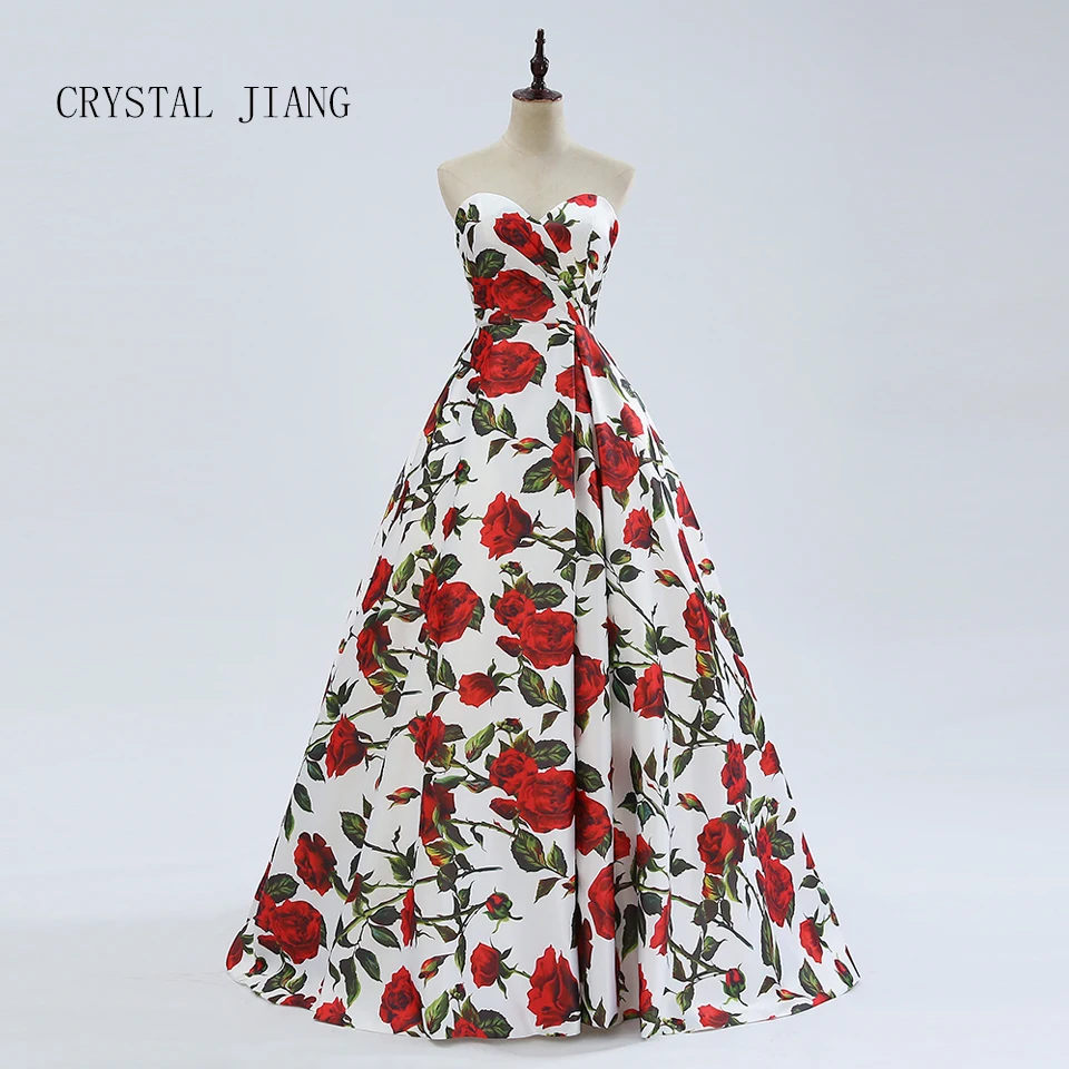 

Sweetheart Rose Floral Printed Satin A Line Zipper Back Fashion Bridal Ball Gown Wedding Dresses