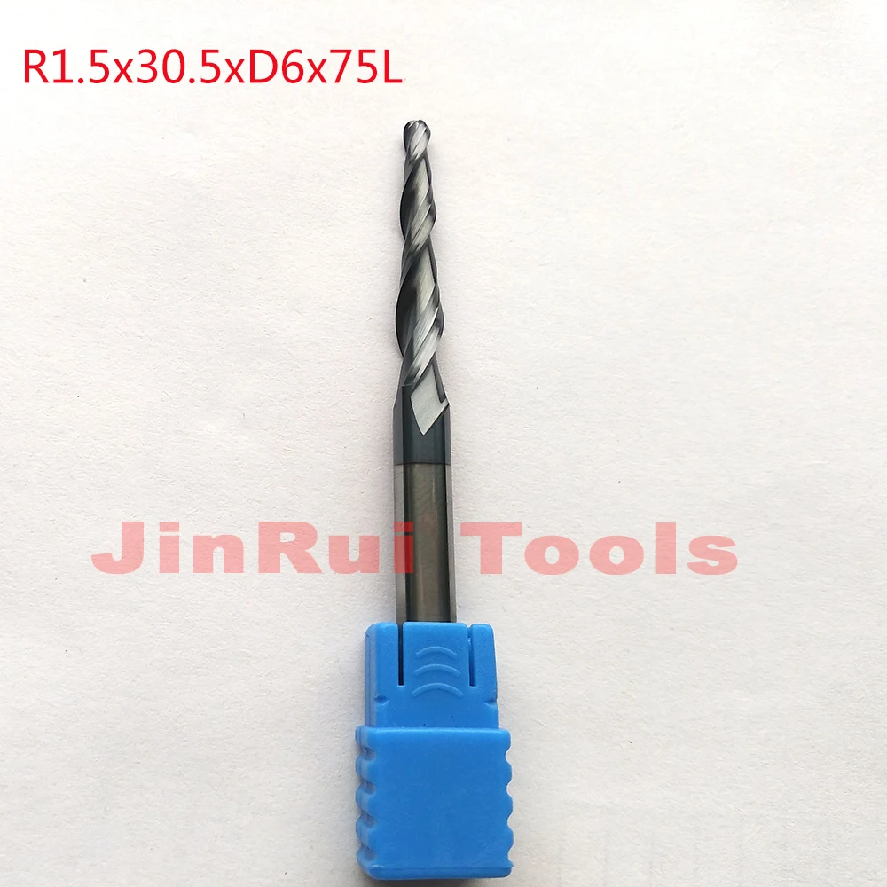1 peça r1.5 * d6 * 30.5 * 75l * 2f hrc55 carboneto sólido de tungstênio revestido cônico bola nariz fresas cnc faca