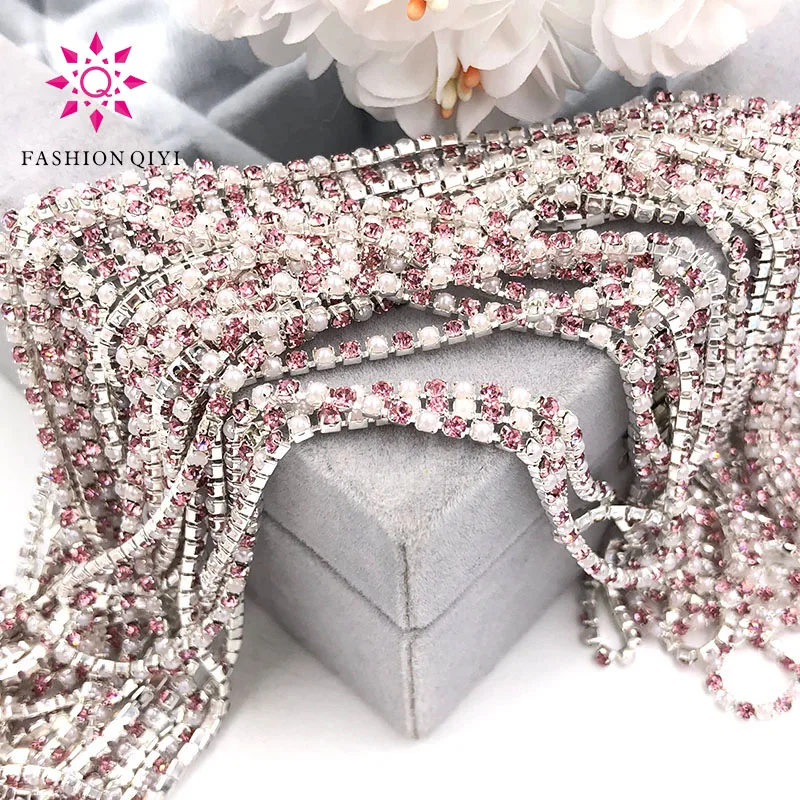 5 yards 2mm Sliver base Pink glass crystal rhinestones pearls mixed with claw sew on cup chain diy wedding clothing accessories