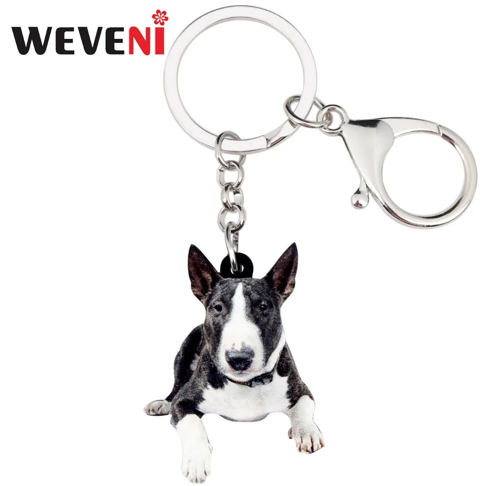 WEVENI Acrylic American Pit Bull Terrier Dog Key Chains Pendant Rings Cute Animal Jewelry For Women Girls Handbag Charm Bulk