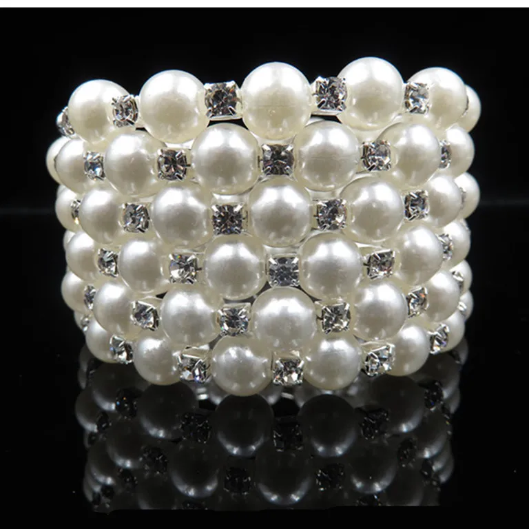 New Luxury Jewelry Wedding Wide 6 Row Pearl Bracelets Bangles For Women Crystal Female Hand Bracelet Charms Silver Color Braclet