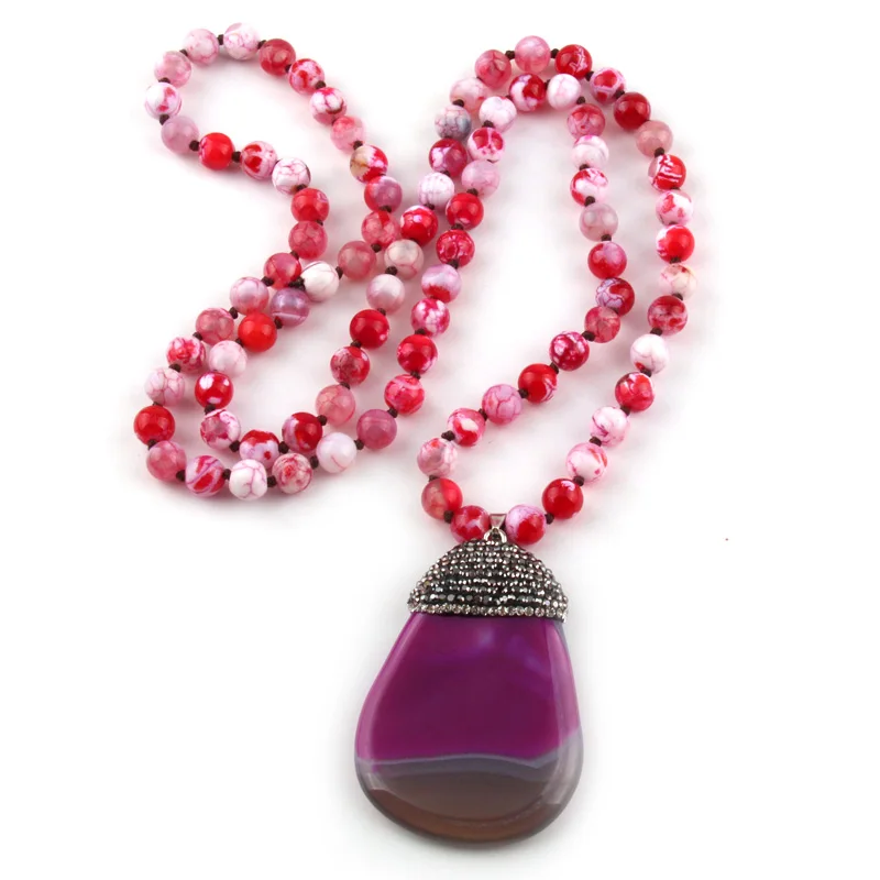 Fashion Natural Stone Knotted Crystal Pave Stones Pendant Necklaces Women Ethnic Necklace