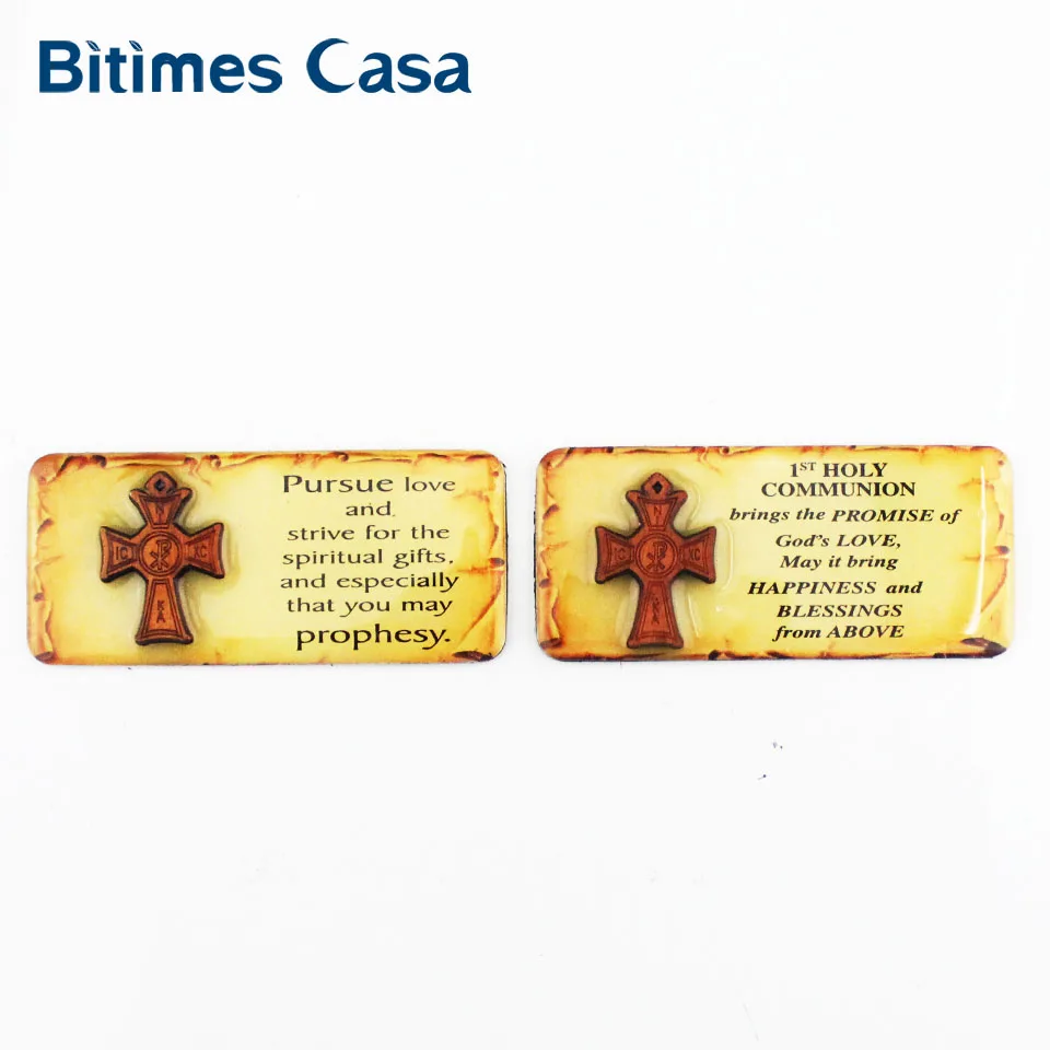 Bitimes 2 Pieces/Lot Epoxy Fridge Magnets The Bible Brown Wood Cross Magnetic Refrigerator Sticker With Wisdom Words Aimant