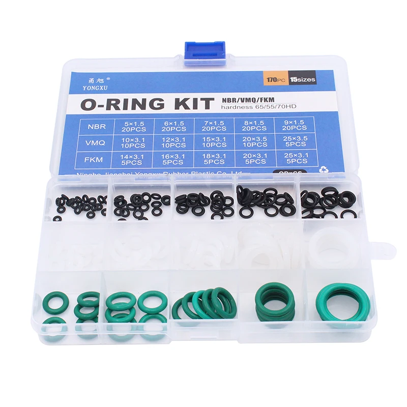 170pcs Mixed White Silicon Green FKM NBR O-Rings Rubber 15Sizes O ring Silicone Seal Gasket Ring Assortment Set Kit Box