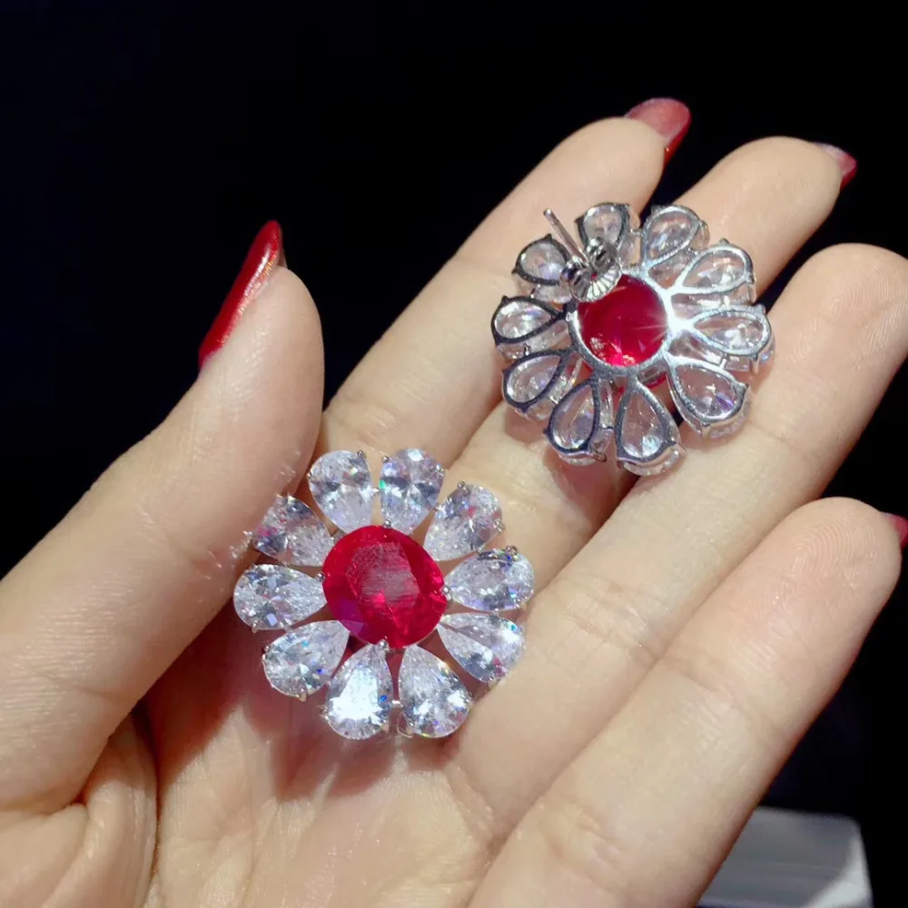 

red color flower stud earring 925 sterling silver fine women jewelry for party free shipping