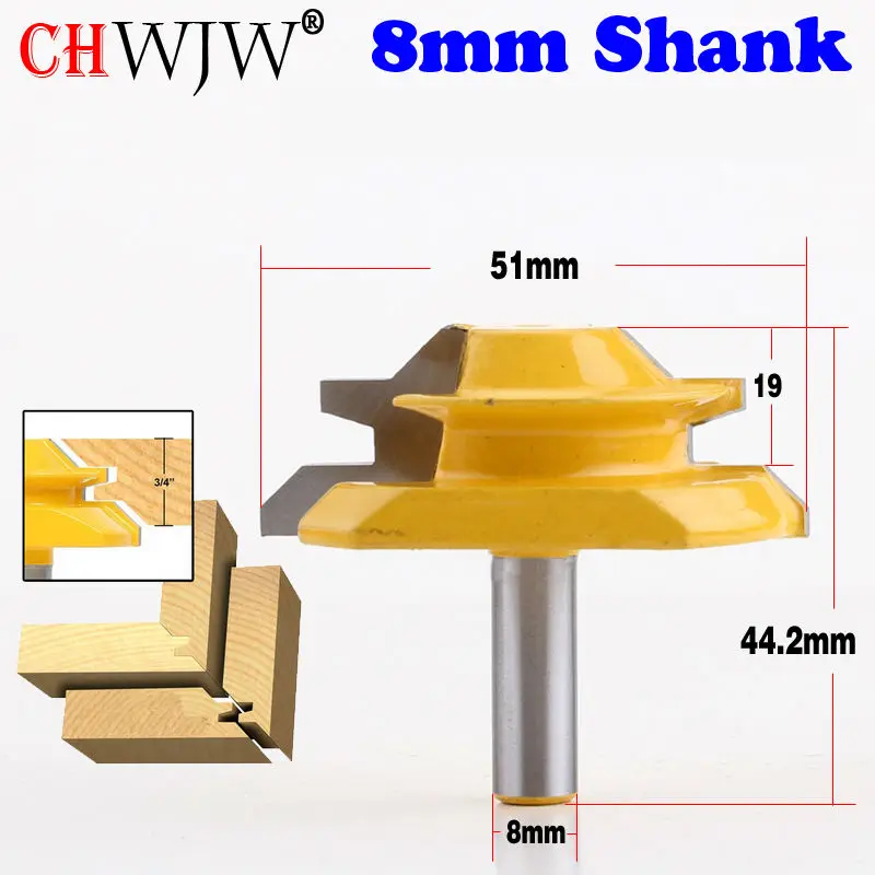 1PC 8mm Shank Lock Miter Router Bit Anti-kickback 45 Degree 1/2 3/4 Inch Stock Tenon Cutter for Woodworking Tools