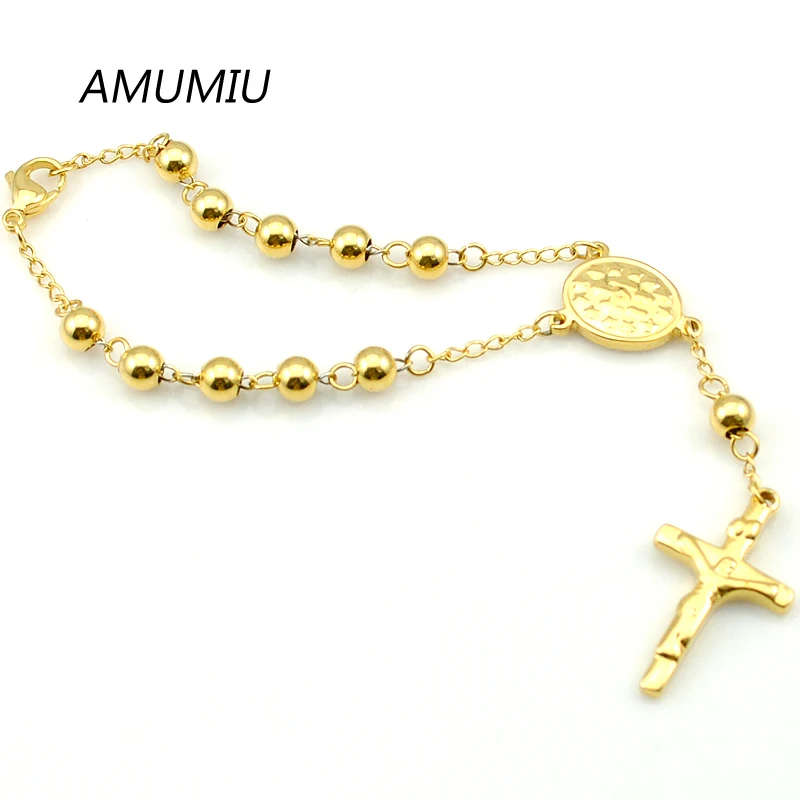 AMUMIU 6mm Beads Chain Gold Color Rosary Bracelet Necklace Sets 2piece/Set Cross Regilious Men Women Jewelry HZTZ075