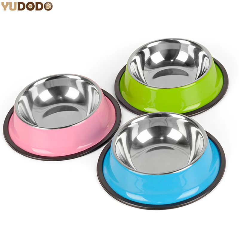 1pc tigelas de aço inoxidável para animais de estimação para cão azul rosa verde filhote de cachorro gatos comida alimentador de água animais de estimação pratos de alimentação cães tigela s/m/l