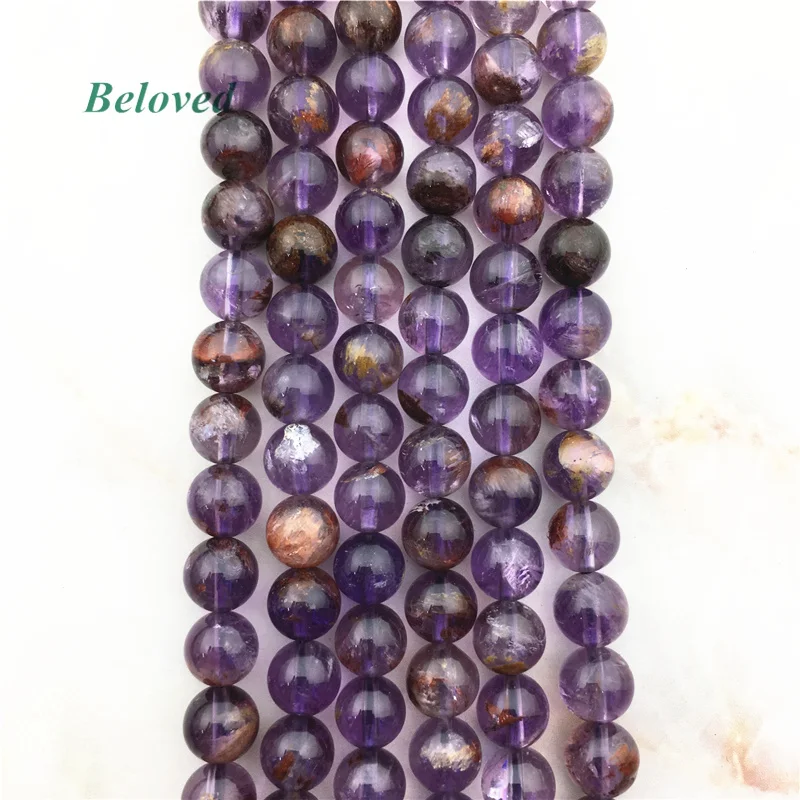 

Genuine Round Purple Phantom Quartz Cacoxeni Beads, Smooth Amethysts Cacoxenite Crystal Gems Stone Bead For Jewelry DIY, BG18134