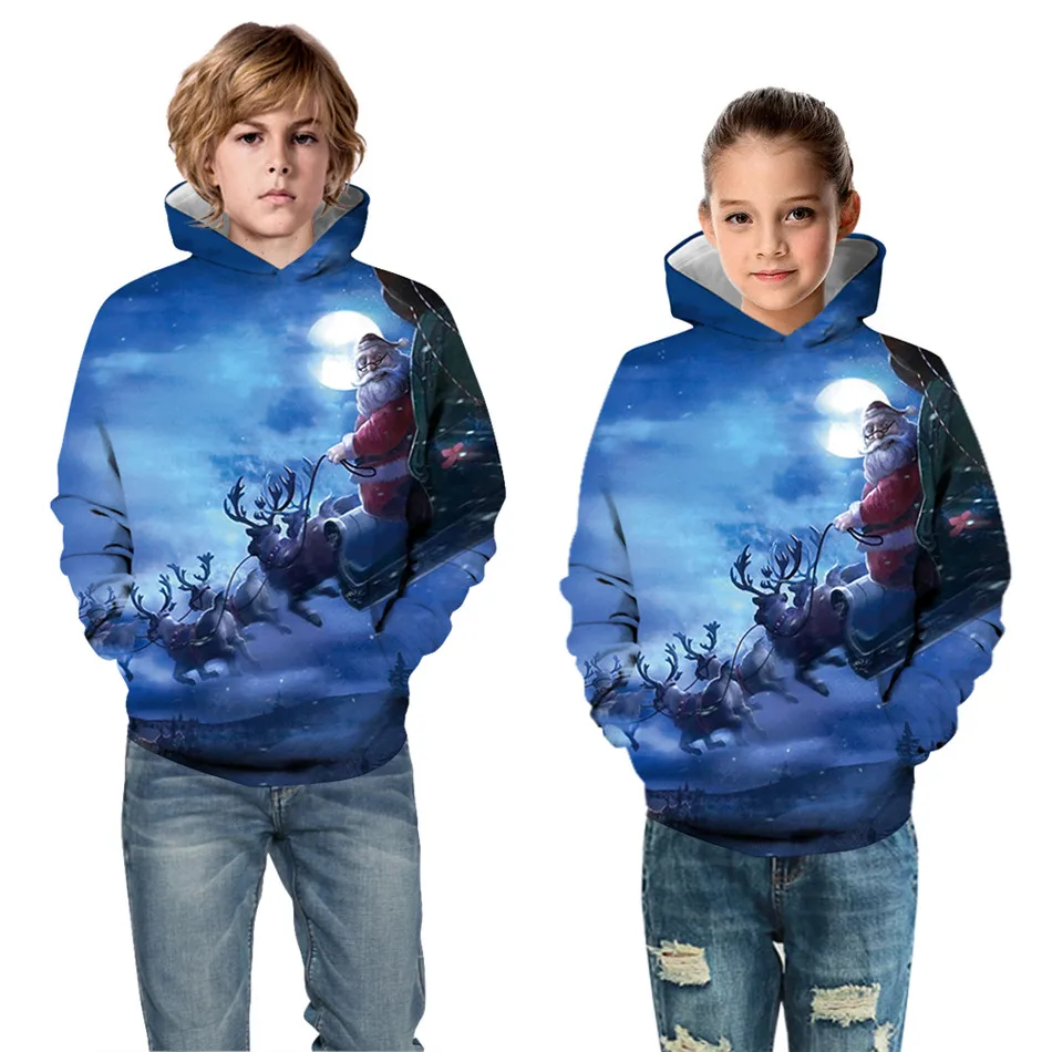 

Kids 3D Christmas Hooded Hoodies Autumn Winter Boys Girl Moon Deer Santa Claus Galaxy Cloud Print Children Sweatshirt Tops