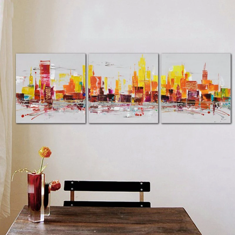 

High Quality Top Art Oil Painting City Pictures Unframed 3 Panels Handmade Color Abstract Colorful Wall Decor On Canvas