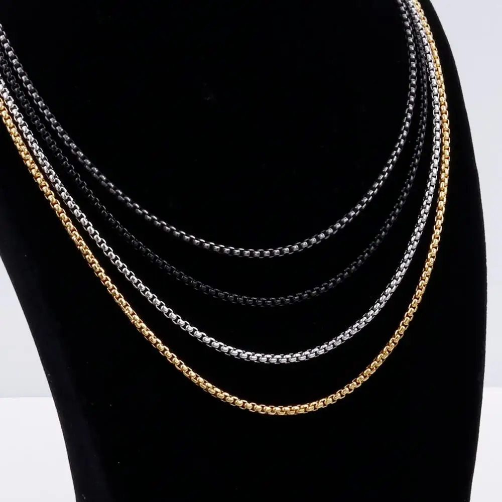 3mm Titanium Link Square Pearl Chains Black/Gold Color Vintage Stainless Steel Long Choker Necklace For Men Fashion Jewelry