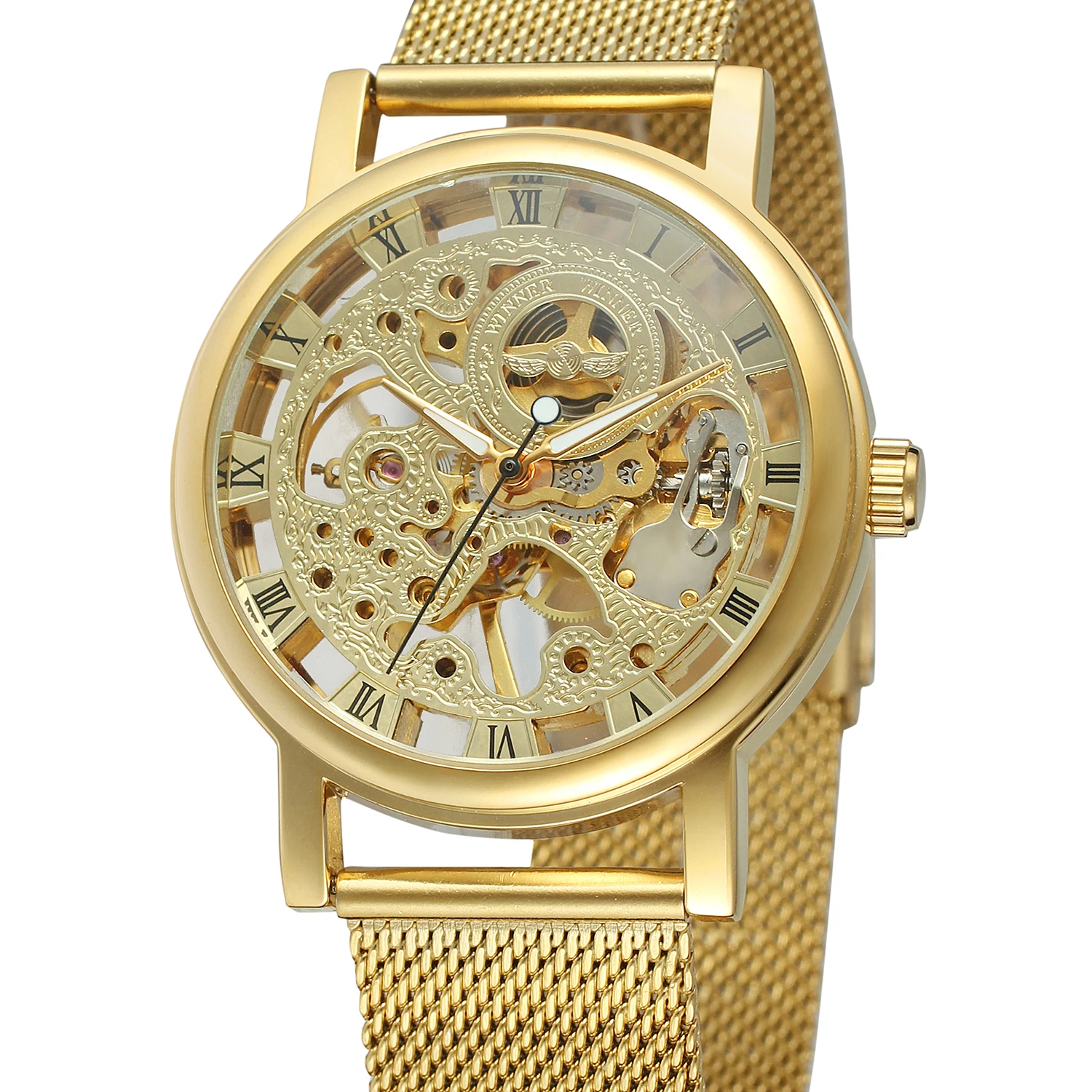 

FORSINING WATCH Trendy minimalist golden Roman numerals dial, luxurious low-key men's mesh belt watch