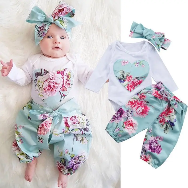 

Newborn Baby Girls Clothes New Kid Floral 3 Pieces Sets Cute Romper+Pants+Headband Infant Toddle Girl Clothing Outfit 3-24Months