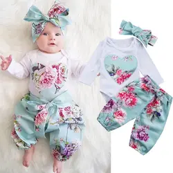 Conjunto Floral de 3 piezas para niñas recién nacidas, pelele + Pantalones + diadema, ropa infantil para niños de 3 a 24 meses