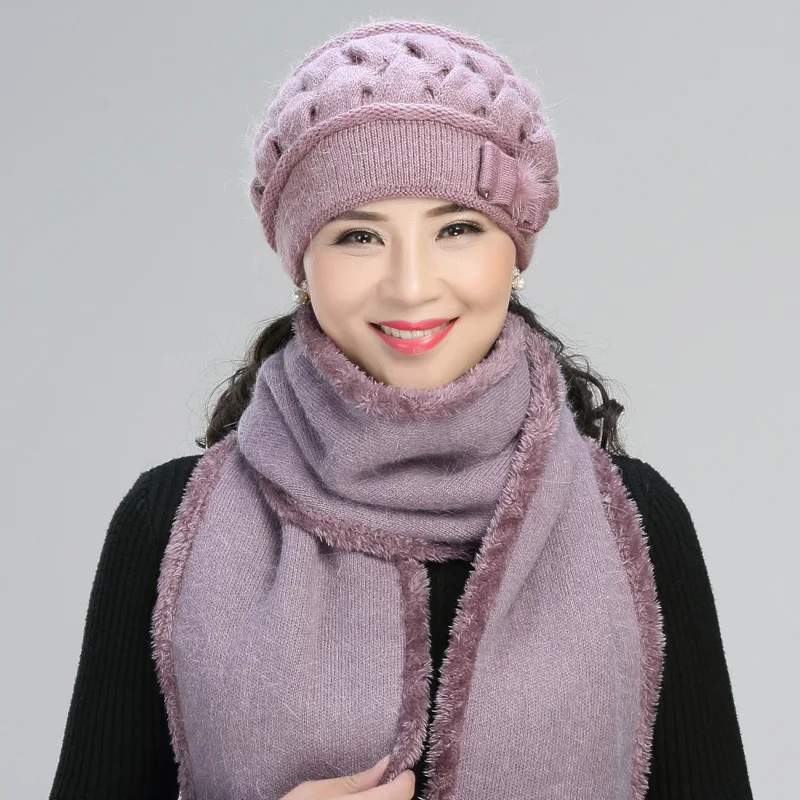 Mid-aged and Old Hat Mother Autumn Winter Warm Casual Cap Women Knitted Wool Grandmothers Caps Outdoor Soft Fashion Scarf H7150