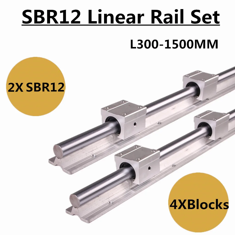 2Set SBR12 300 400 500 600 800 1000 1200 1300 1500mm Fully Supported Linear Rail Slide Shaft Rod With 4Pcs SBR12UU Bearing Block