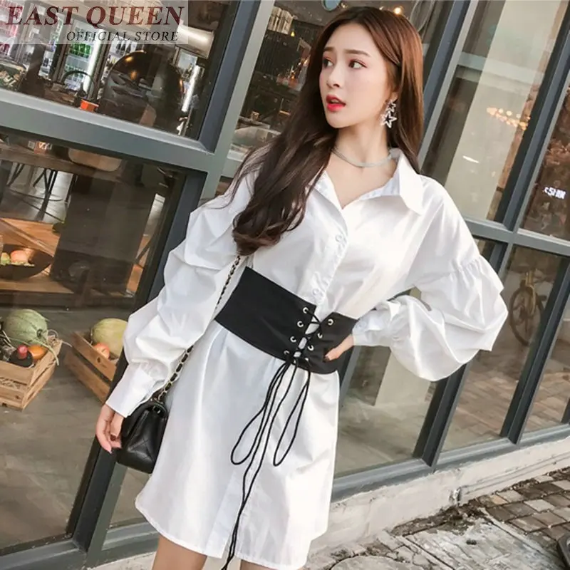 Vrouwen blouse office lady body shirt button slanke effen volledige mouw turn-down kraag feminine casual shirts riem tops DD588 L