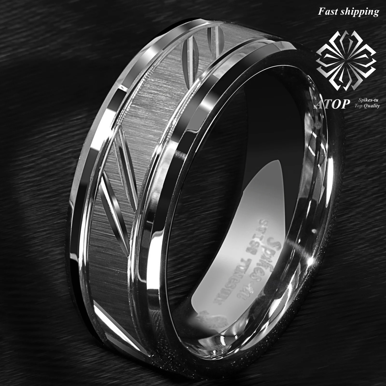 8mm Tungsten Carbide Ring Silver leaf New Brushed Style Bridal ATOP Jewelry