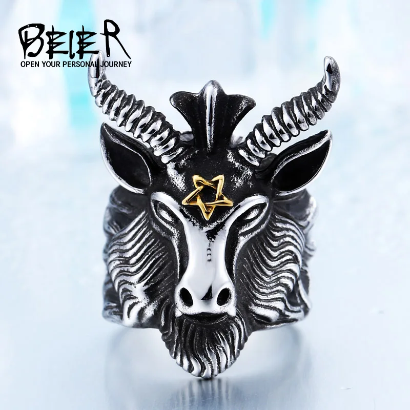 Beier 316L Stainless Steel Vintage  Big Goat Head Ring Nose viking  Animal Jewelry for Men