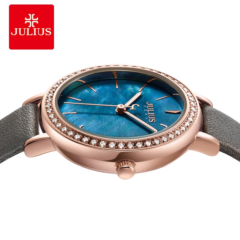 Julius watch Women's Watch Leather Band Luxury Blue Mother of Pearl Dial Set Diamond Case Rose Gold Montre Femme Relojes JA-1036