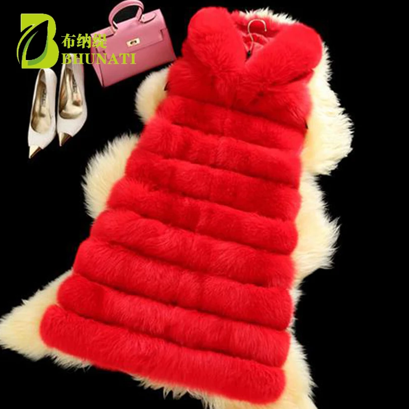 BHUNATI Women's Winter Jacket Faux Fur Vest Long Casual Sleeveless Solid Color Fox Fur Jacket Fashion Hooded Fur Coat Women