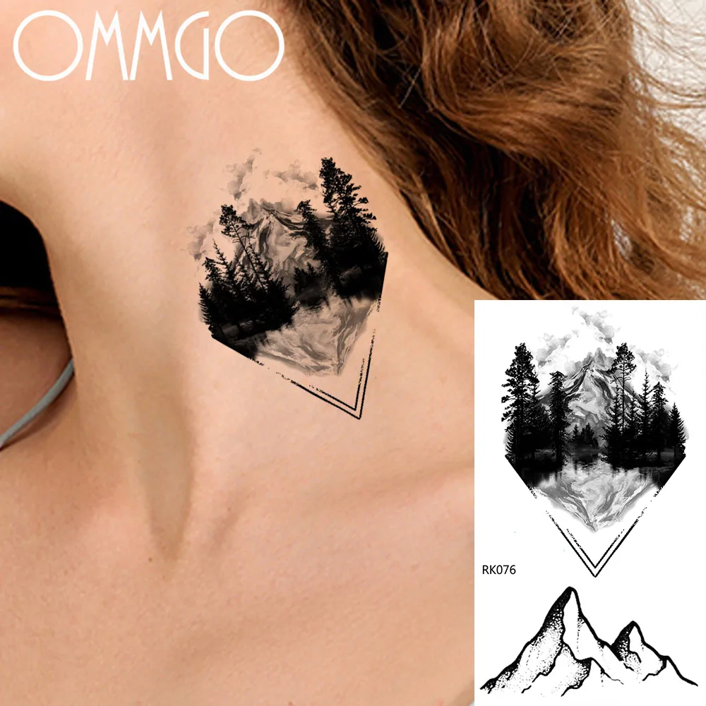 OMMGO Mountain Design Black Forest Temporary Tattoos Sticker For Women Small Triangle Fake Tattoo Art Waterproof Tatoos Sheet