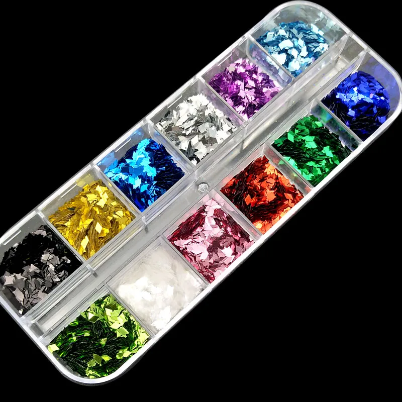 12 kolor/zestaw do paznokci holograficzny błyszczące cekiny mieszany proszek kurz piaszczystej ozdoby do paznokci Nail Art charms makijaż DIY narzędzia NRP021