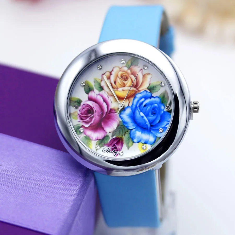 Shsby Brand flowers Leather Strap Watches Women Dress Watch girl Casual Quartz wristwatch Lady Rhinestone Quartz bracelet Watch