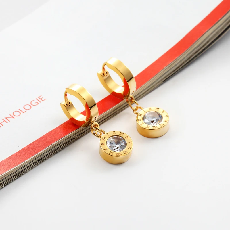 New Titanium Steel High Quality Beautiful Roman Numeral Gold Color Inlaid 6mm Drop Earrings For Women Best Earring Jewelry Gift image 4