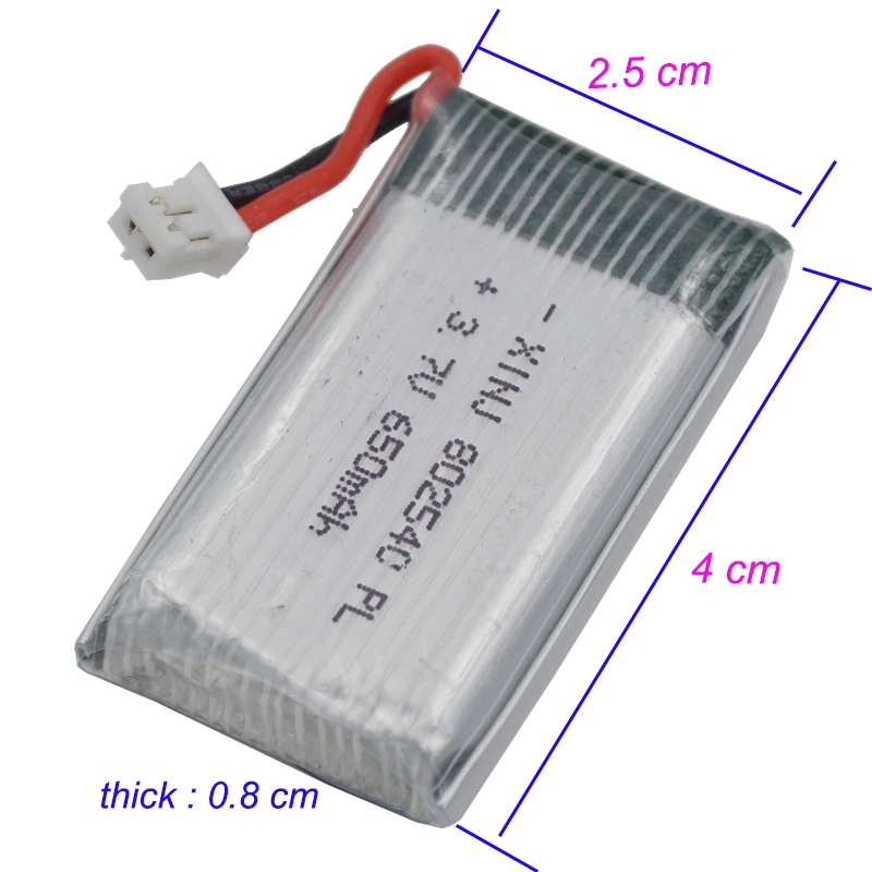 2pcs 3.7V 650mAh 2.40Wh 25C Rechargeable Polymer Li Lithium Battery 802540 Lipo JST-PH 2.0mm Plug For X5SW Drone 4-axis Aircraft