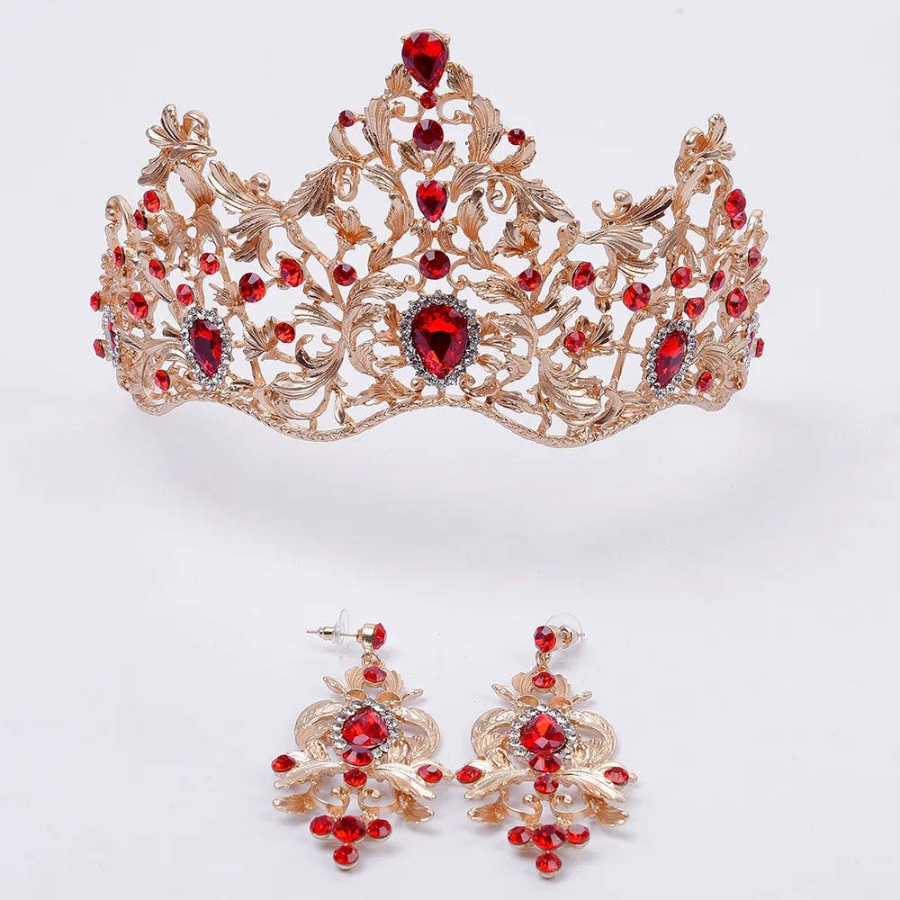 Fashion Baroque Magnificent Red Crystal Bridal Tiaras Green Wedding Crown for Bride Pageant Headbands Wedding Hair Accessories