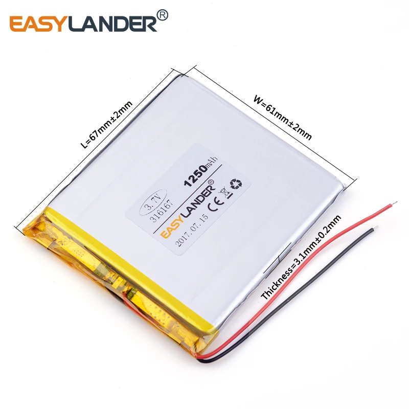 3.7V 316167 1250mAh Rechargeable Lithium Li-ion Polymer Battery