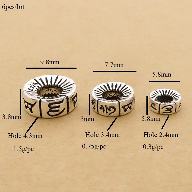 100% 925 silver Tibetan Six Words Spacers Sterling Buddhist OM Mantra Beads DIY Jewelry Findings Tibetan Mala\'s Spacers