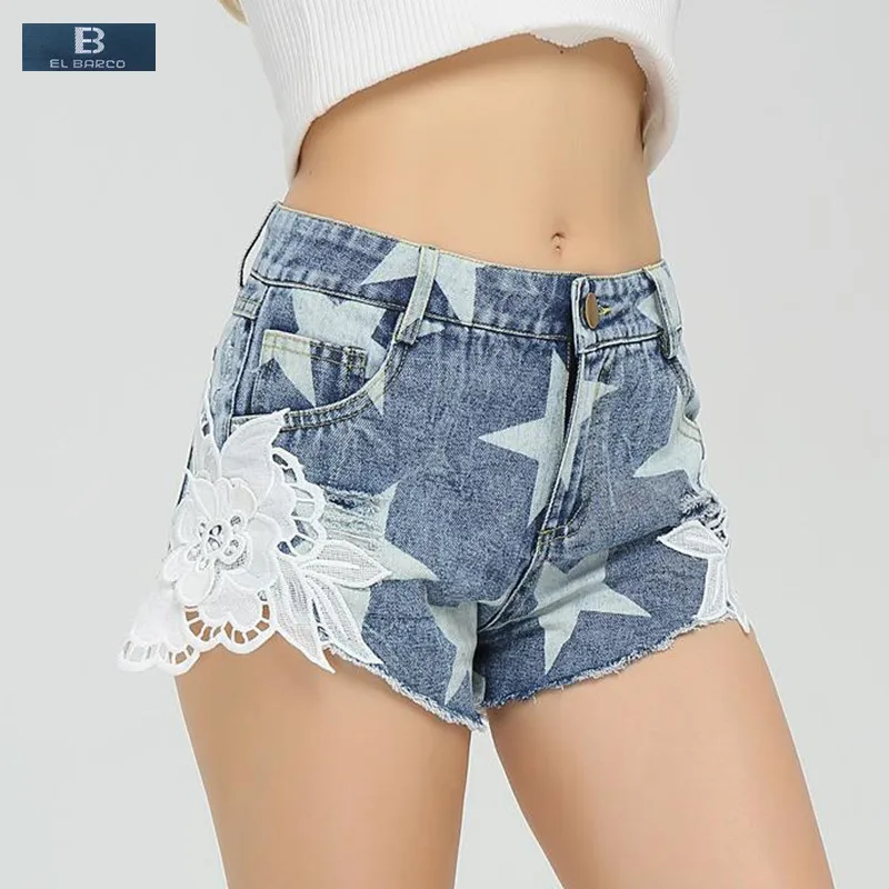 

[EL BARCO] Cotton Appliques Star-Print Denim Shorts Women Summer Casual Jeans High Waist Ripped Holes Blue Female Short Trousers