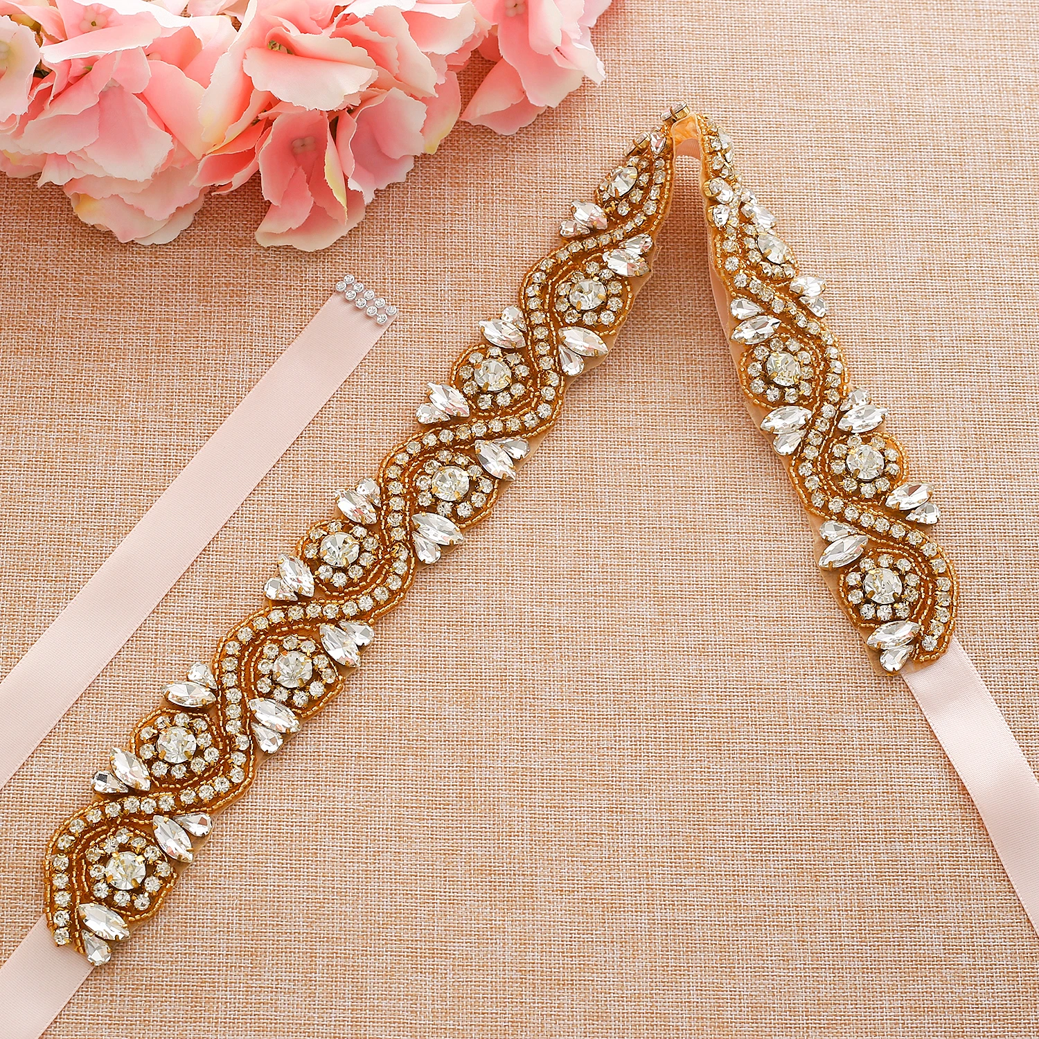 SESTHFAR Crystal Bridal Belt Diamond Wedding Belts Gold Rhinestones Flower Bridal Sash For Wedding Accessories Belt