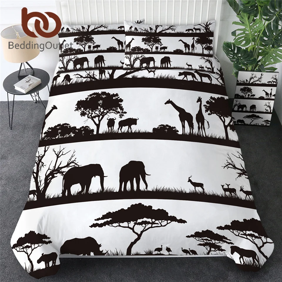 

BeddingOutlet Elephant Bed Set African Animals Duvet Cover Giraffe Deer Home Textiles Zoo Black White Trees Bedclothes 3-Piece