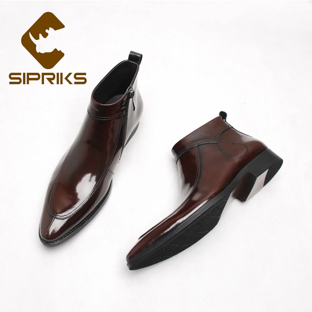 Sipriks Mens Leather Ankle Boots Black Pointed Zip Boots Formal Suits Gents Cowboy Wine Red Boots Luxury Top Quality Rubber Boot