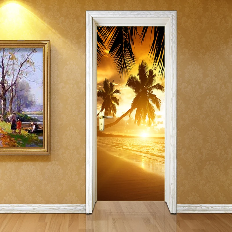 3D Door Sticker Modern Beach Sunset Landscape Murals Wallpaper Living Room Bedroom Home Decor Wall Stickers PVC Waterproof Mural