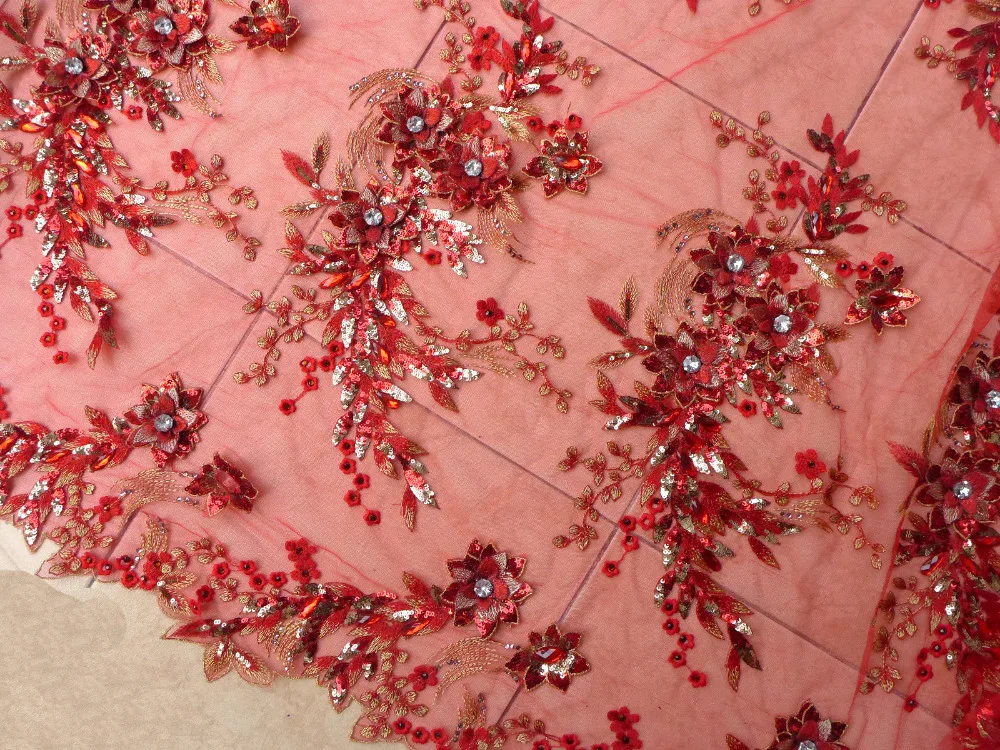 La Belleza 1 yard red sequins acrylic stones 3D handmade flowers on net wedding dress/evening/show/stage dress lace fabric