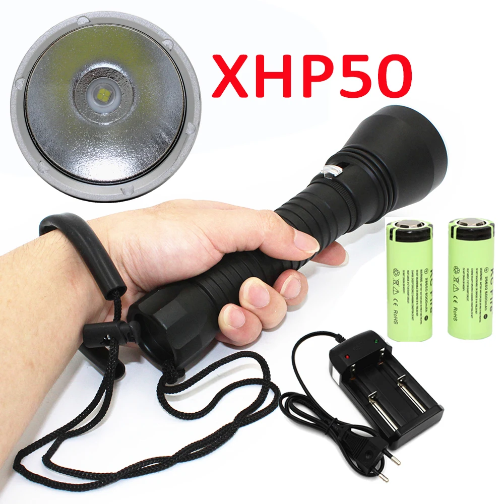 2500LM  XHP50 LED Diving Flashlight White Light Scuba Dive Torch Underwater Waterproof Lamp Lantern+ 26650 Battery + Charger