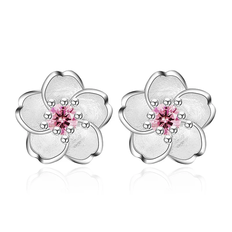 925 Silver Needle Fashion Cherry Blossoms Flower Crystal Ladies Cute Stud Earrings Women Jewelry Birthday Gift Cheap