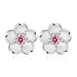 925 Silver Needle Fashion Cherry Blossoms Flower Crystal Ladies Cute Stud Earrings Women Jewelry Birthday Gift Cheap