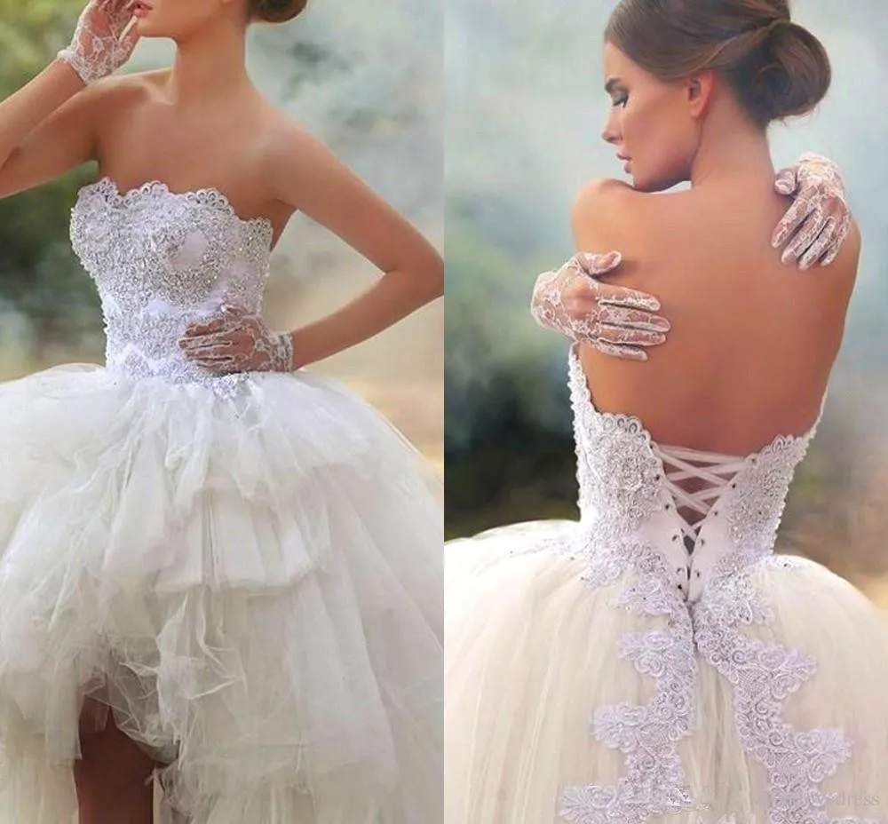 2020 do vintage de alta baixa curto vestidos de casamento renda sem alças com contas rendas até voltar corset vestido novia vestidos de noiva