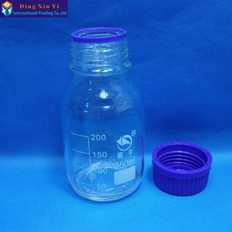 250ml Graduated Round Glass Reagent Bottle Blue Screw Cap Screw On Cover Graduation Sample Vials Plastic Lid