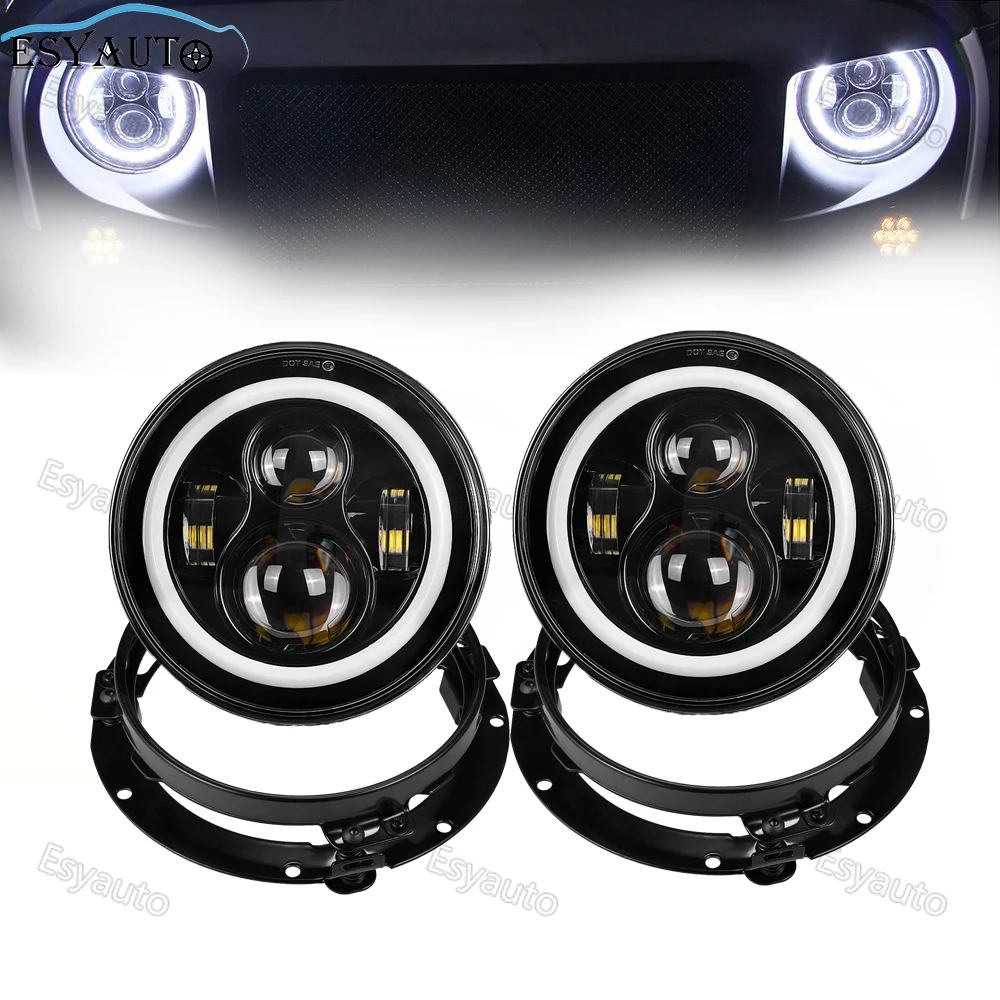 7 Inch Headlights Angel eye Halo ring Round LED headlamp h4 play and plug+7 inch headlight Bracket ring For Jeep Wrangler